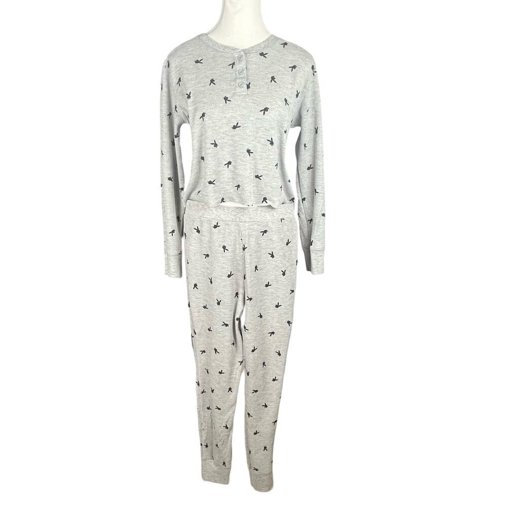 PLAYBOY by PACSUN Womens Medium Gray Thermal Waffle Crop Top Pajama Pant Set‎
